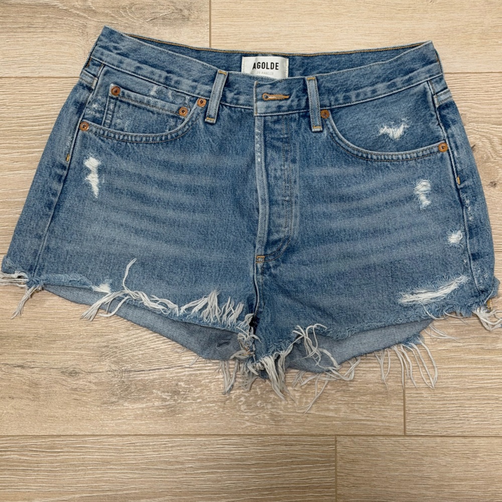 Agolde Light Blue Frayed Jean Shorts